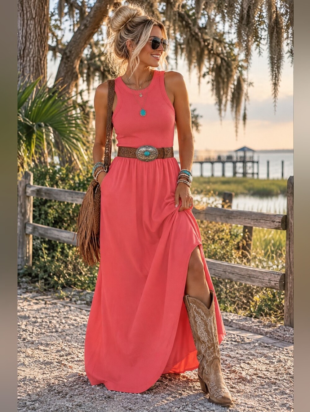 Old Navy Coral Pink Ribbed Racerback Maxi Dress XS 🌸🤠 Coastal Cowgirl